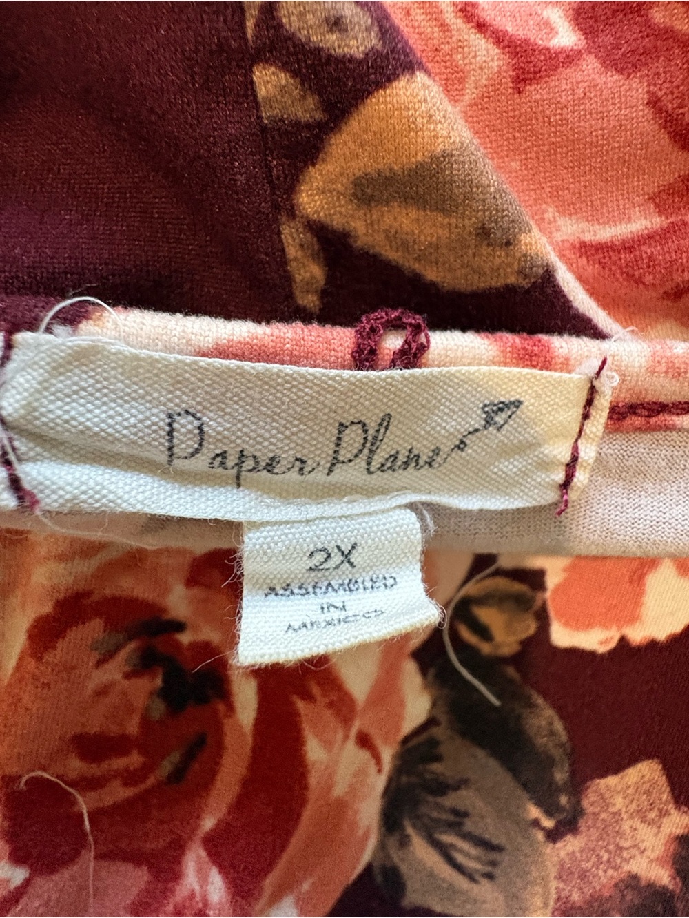 Paper Plane - Women's Floral Scoop Neck Top - Burgundy Floral - 2X - Picture 2 of 5